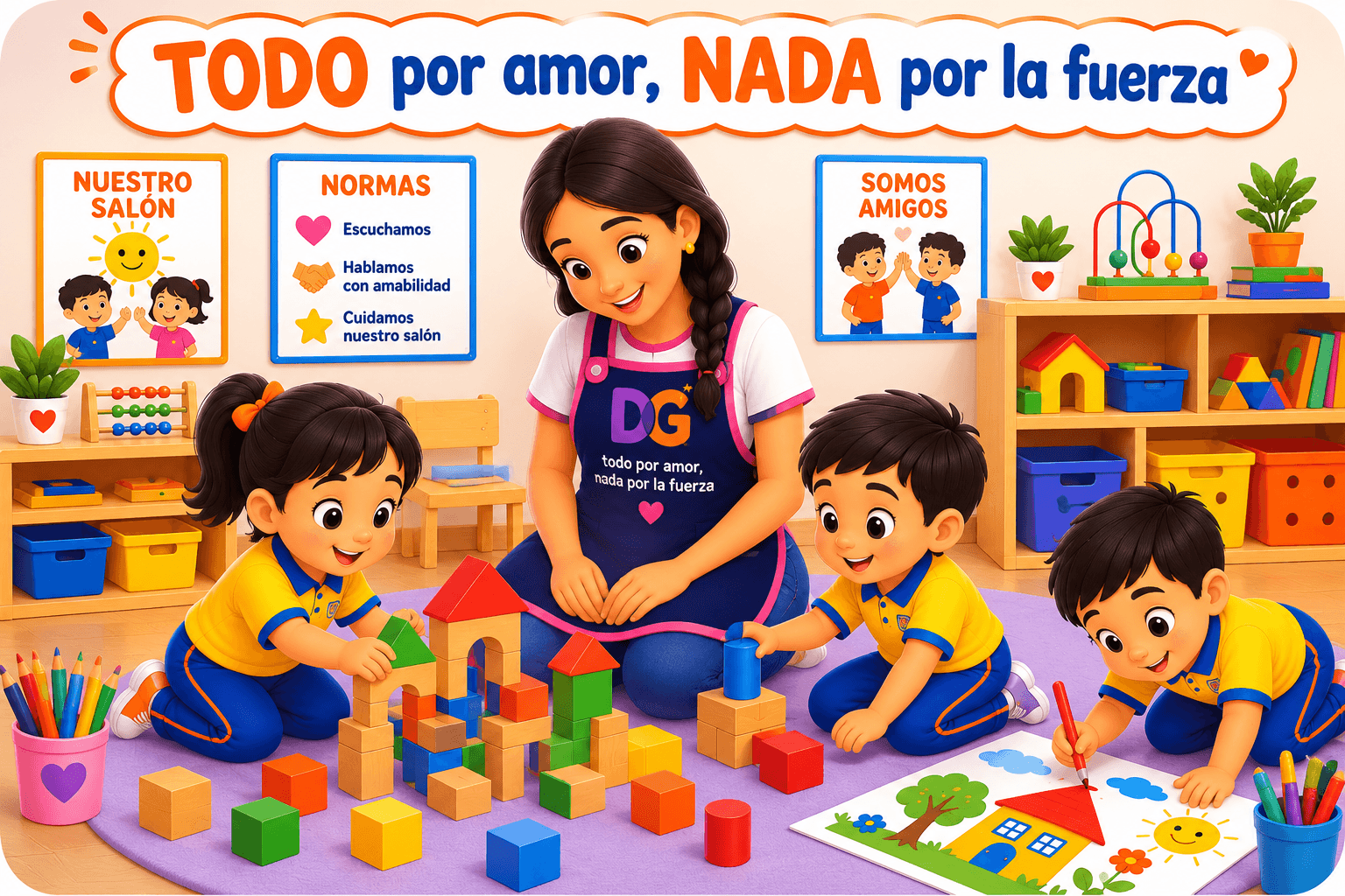Docente de Educación Inicial jugando con bloques de madera junto a tres niños en el aula